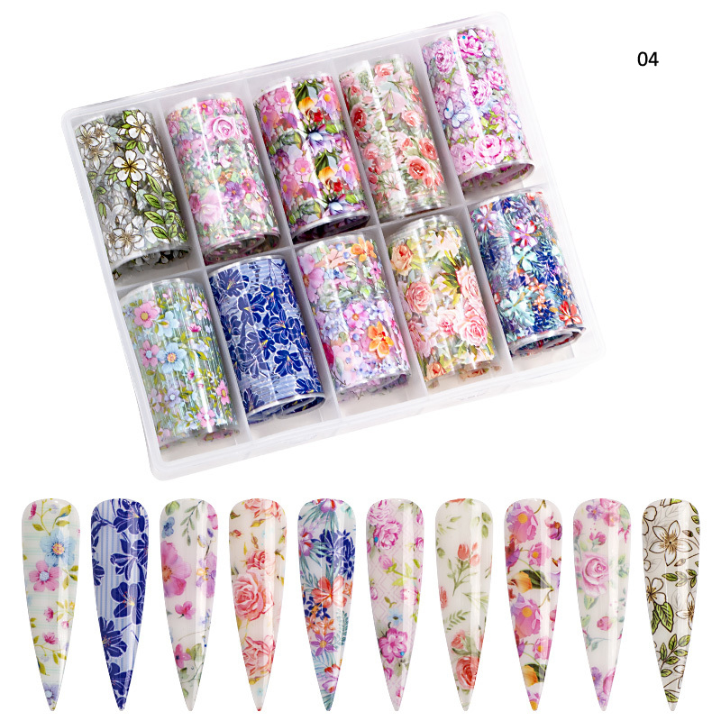 

4CM*1M 1 Box/lot(10rolls ) Flower Nail Art Transfer Foils (Set of 10) Foil Different Flower Foil 1-10 Designs Nail Sticker, Set2