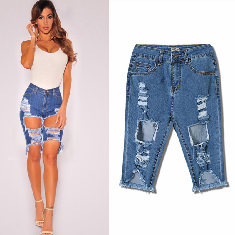knee length denim shorts ripped