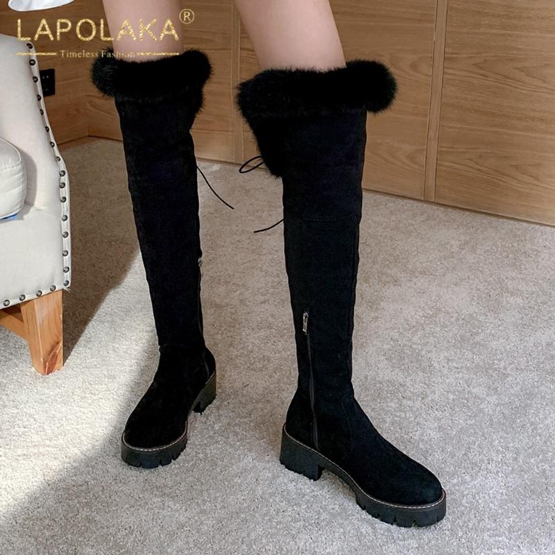 

Lapolaka 2020 New Arrivals Big Size 43 Comfortable Boots Women Shoes Zipper Chunky Heels Add Fur Warm Winter Boots Female, Black