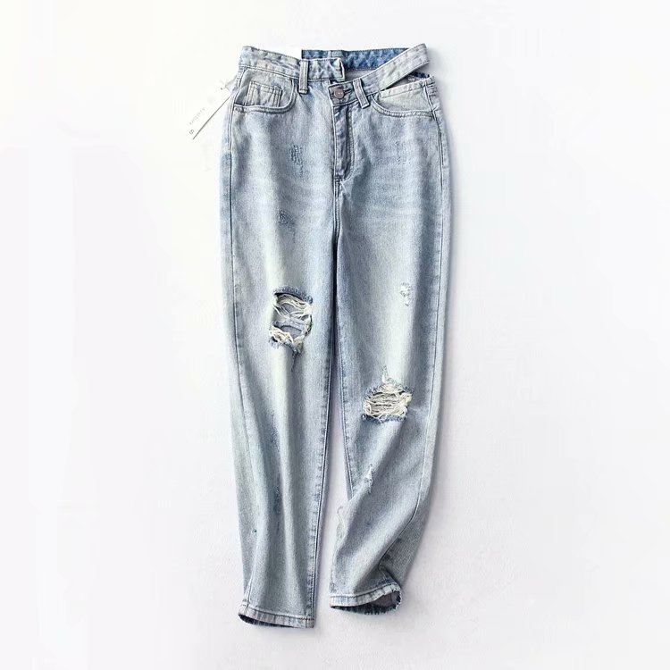 

fall in Europe and the tall waist hole loose jeans nine minutes of pants edge haroun pants dress restoring ancient ways, See chart