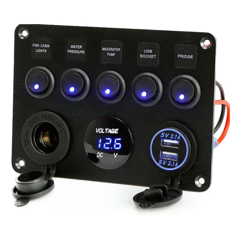 

Dual USB Charger Switch Panel Socket Cigarette Lighter LED Voltmeter 12V Power Car Yacht
