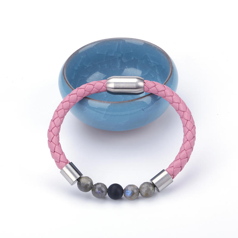 

Hot Sale Magnetic Bracelets Fill Beads Pink Leather Strand Bracelet With Clasp Wristband Rope Braided Bracelets For Women