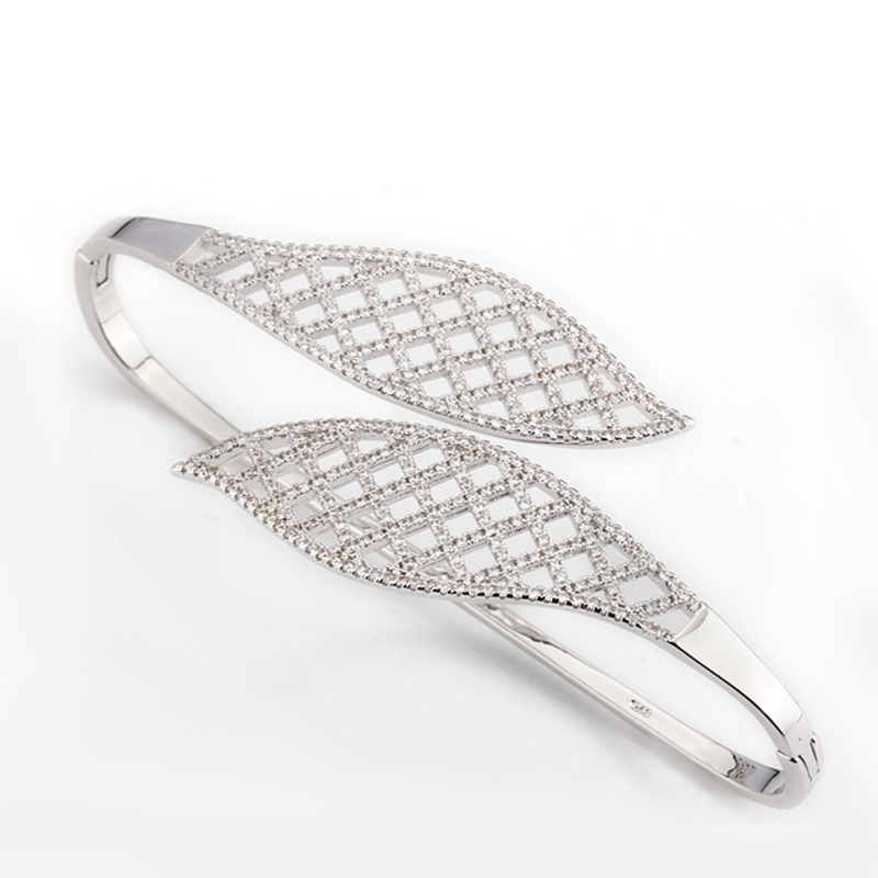 

New Arrival Hand Palm Bracelet Bangle Silver Color Leaves with Clear Cubic Zircon for Women Wedding Party Jewelry