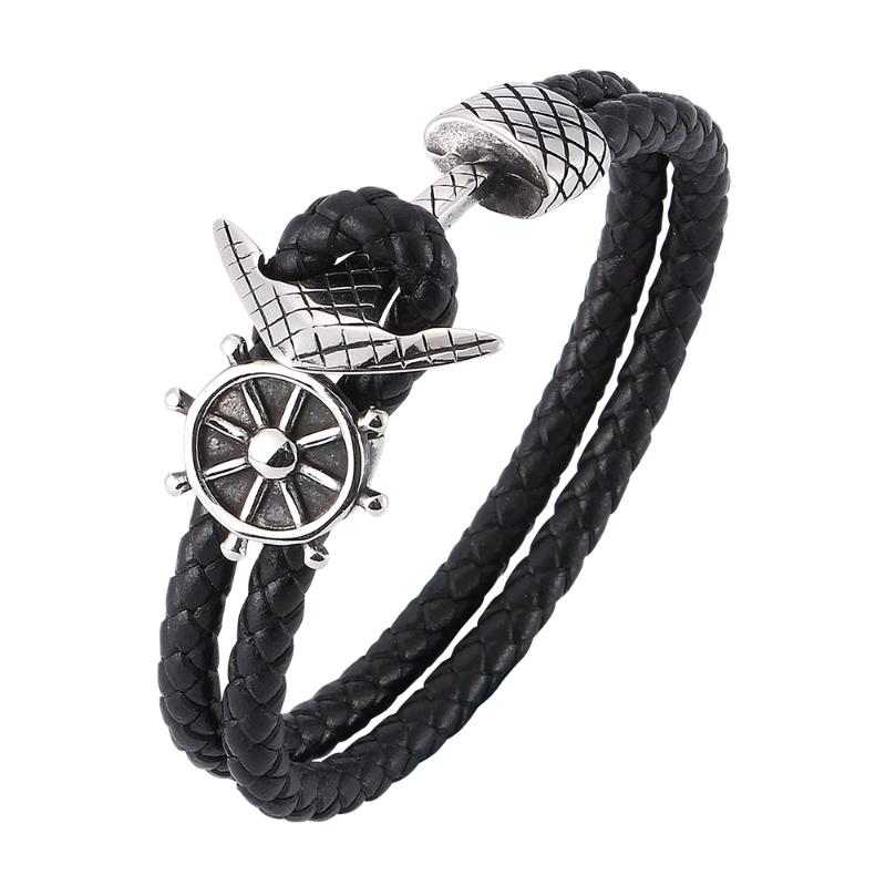 

Vintage nautical helmsman black woven double leather bracelet Stainless steel fashion glamour men's bracelet 7-SP0182