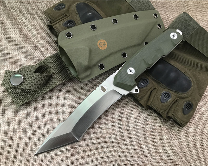 

High End Survival Straight Knife DC53 60HRC Tanto Satin Finish Blade Green G10 Handle Fixed Blade Knives with Kydex