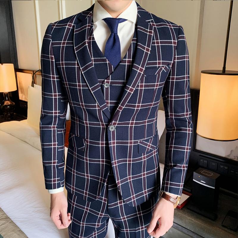 

Asian size 2020 new hight-end men suits bridegroom Wedding Single-breasted 3 pcs hight-quality plaid printed slim mens suit