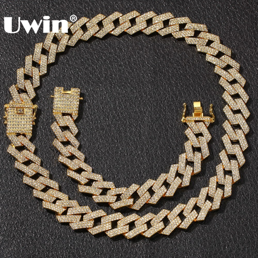 

UWIN NE+BA 20mm Miami Prong Cuban Chain 3 Row Gold Color Full Iced Out Rhinestones Necklace & Bracelet Mens Hiphop Jewelry Set Y200810, Slivery;golden