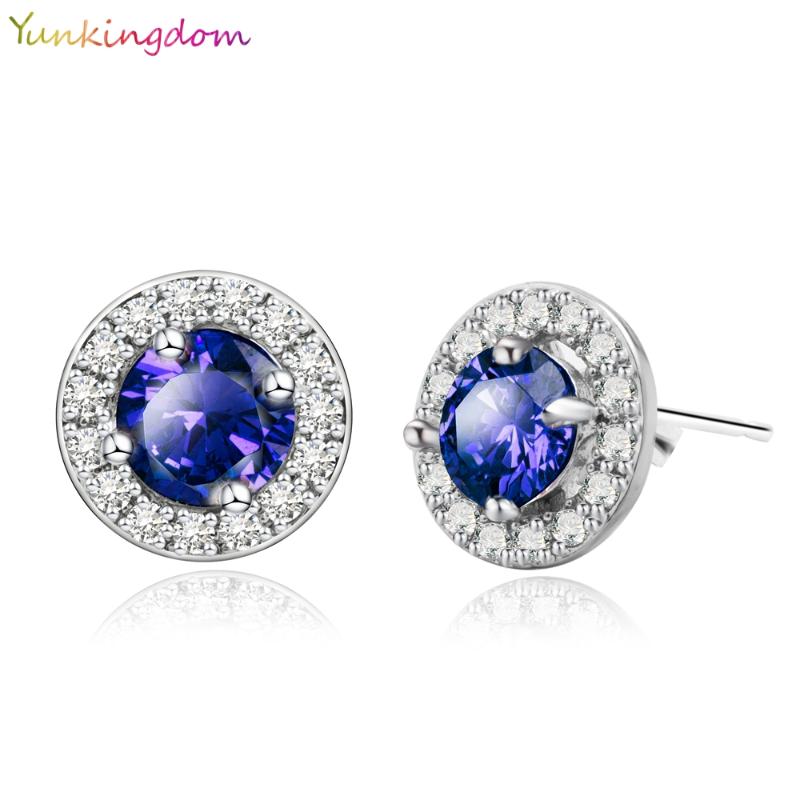 

Yunkingdom 5 colors Classic Fashion Round Earrings Blue Cubic Zirconia Small Stud Earrings For Women Jewelry Wholesale