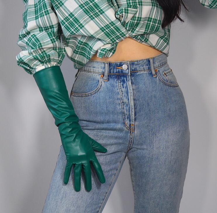 

Women's fashion dark green wide sleeve faux pu leather glove lady's club performance formal party leather long glove 40cm R2210