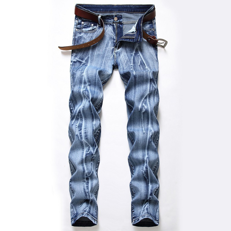 

Retro Vertical Line Washed Men Jeans Straight Slim Fit Demin Pants Jeans Men 2020 Fashion Punk MotorBiker Big Trousers, Blue