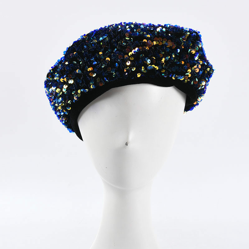 

New Ladies Sequin Beret Hand-stitched Shining Embroidery Painter Hat Women Black French Cap Fashion Women Fascinators, Navy