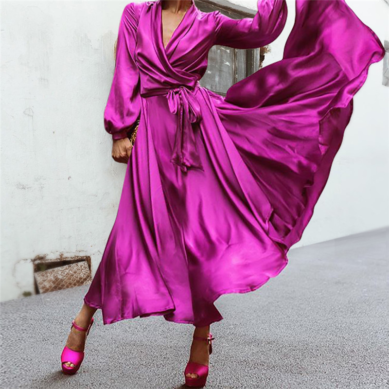 

Summer Women Dress Vintage Elegant Dresses Sexy Party Night Solid Long Sleeve Plus Size Maxi Dress 200929, Fuchsia