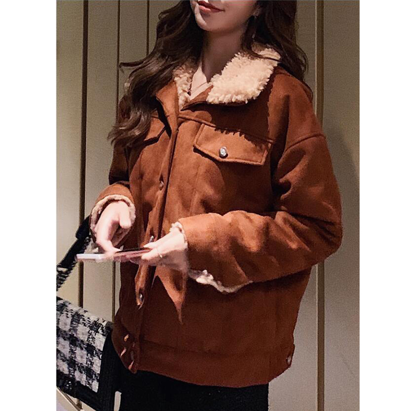 

2020 New Winter Autumn student Women Single-breasted Lamb Wool Coat Fashion Suede Warm Thick Short Jacket Women cc1479, Photo color