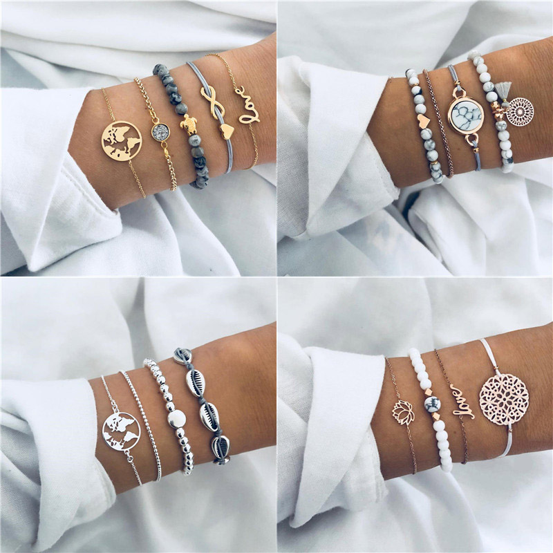 

Modyle 2020 New Bohemian Marble Stone Beads Bracelet Set For Women Natural Stone Tassel Pendant Bangles Bracelet Femme Jewelry
