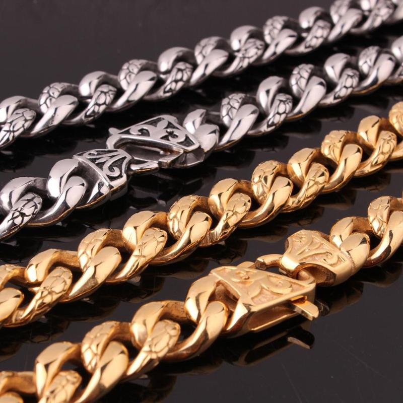 

14mm Width Heavy Thick Gold Black Tone Round Curb Cuban 316L Stainless Steel Necklace Link Mens Chain