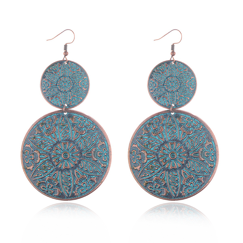 

DOUVEI Vintage Double Big Round Verdigris Drop Earrings For Women Retro Carved Jewelry Dangle Earrings Female HQE539
