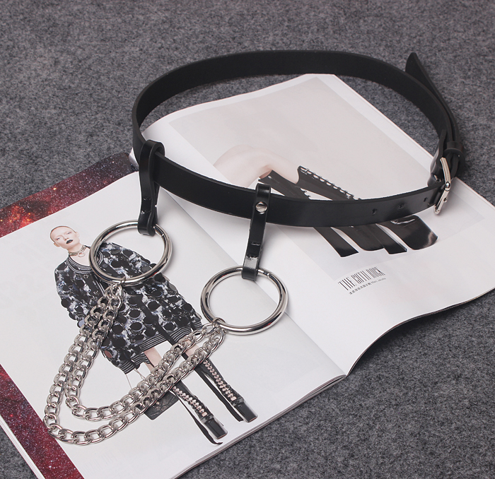 

To Gladself] Women Fashion Gothic Punk Rock Two Metal Circle Ring Chain Designer Waist Belt, Black