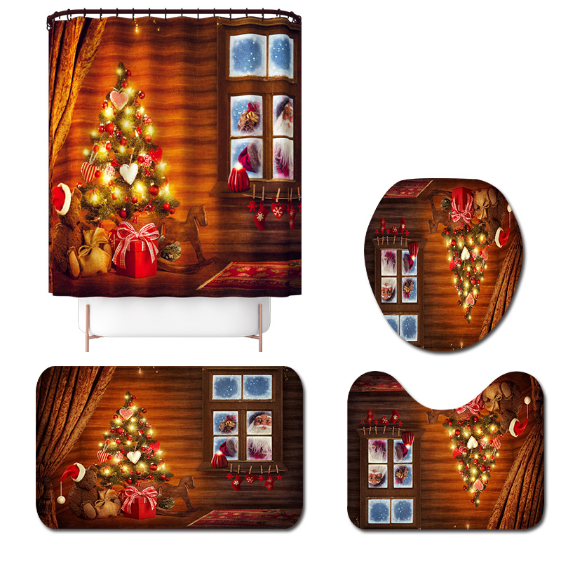 

Christmas Print Bathroom Combination Set Shower Curtain + Bath Mat+ Lid Toilet Cover + Toilet Pedestal Rug Four-pieces Sets