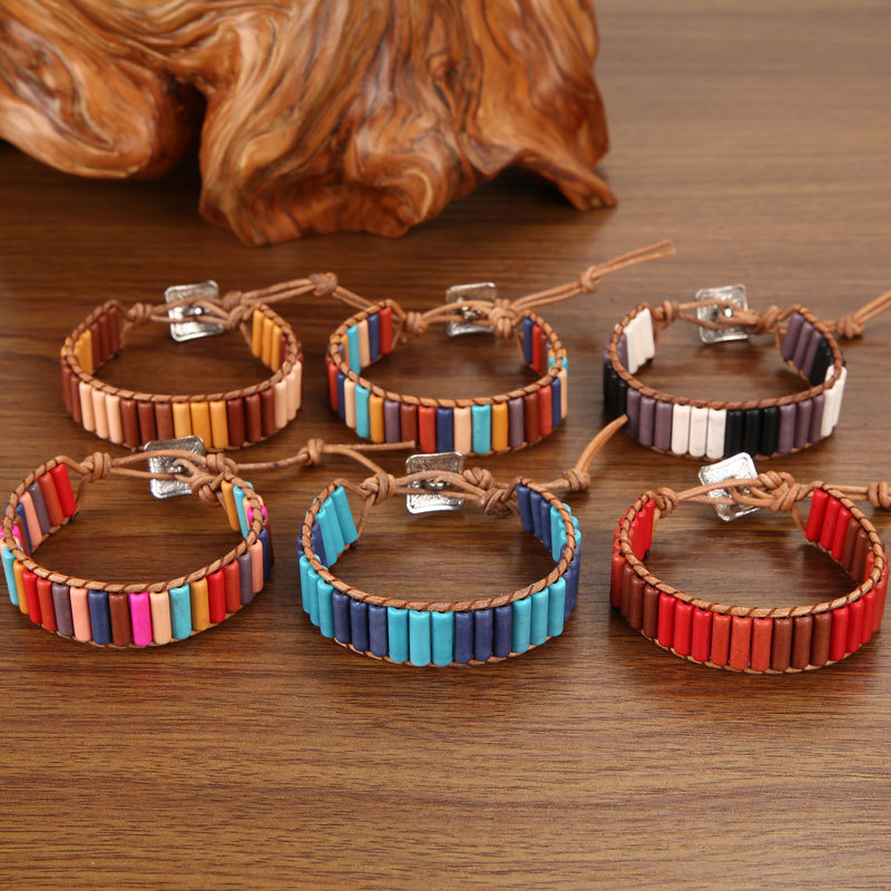 

Natural Stone Chakra Bracelet Handmade Multicolor Tube Beads Knitted Leather Wrap Bracelet Creative Couple Friendship Jewelry