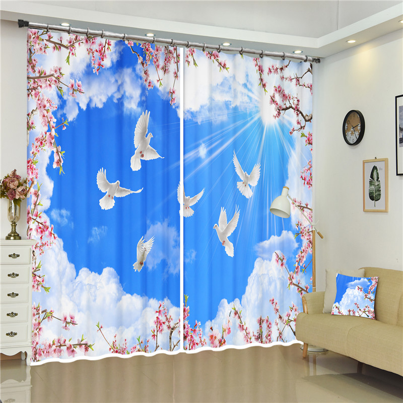 

3D Curtain Print Blue Sky and White Clouds Pigeon Decorative Interior Beautiful Blackout Window Curtains Smooth Drapes