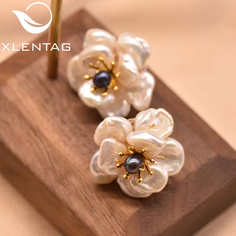 

XlentAg Natural Baroque Pearl Earrings For Women Gothic Charms Piercing Aesthetic Flower Stud Earings Silver 925 Jewelry GE0664
