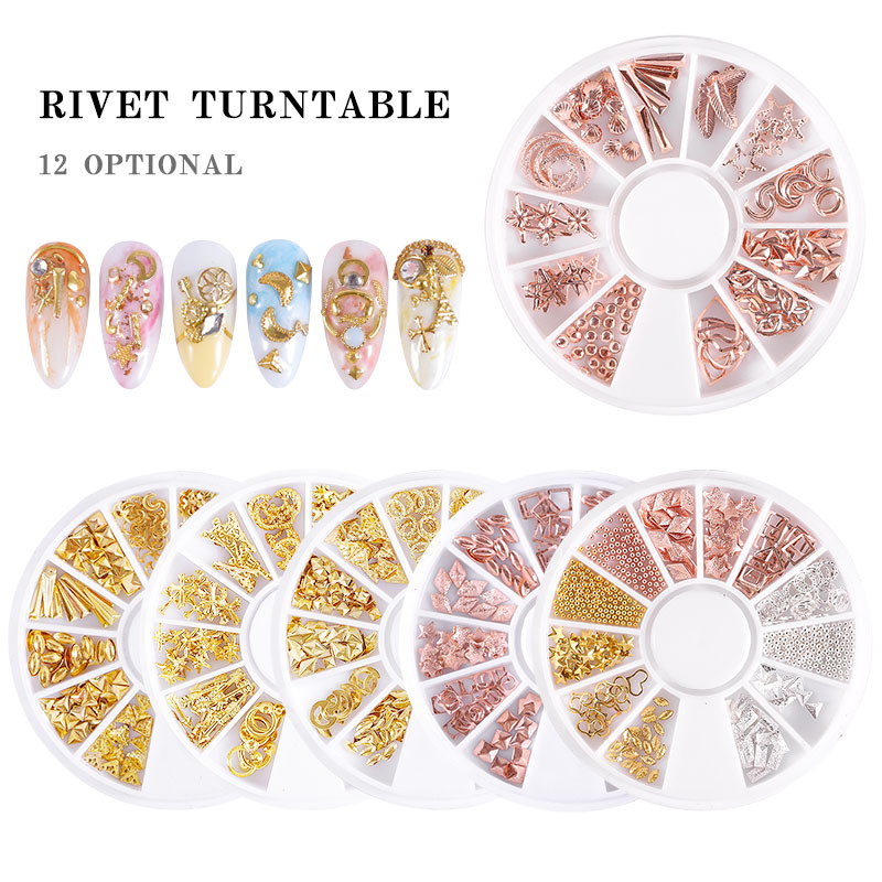 

12 Style Nail Art Wheel Rose Gold/Silver/Gold 3D Nail Studs Rivet Metal Star Mixed Patterns Flat-back DIY Metal Decoration