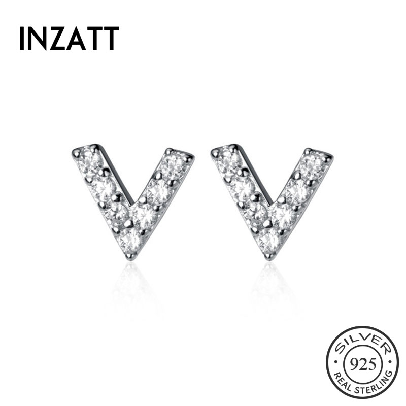 

INZAReal 925 Sterling Silver Zircon Letter V Stud Earring For Fashion Women Birthday part Cute Fine Jewelry Accessories Gift