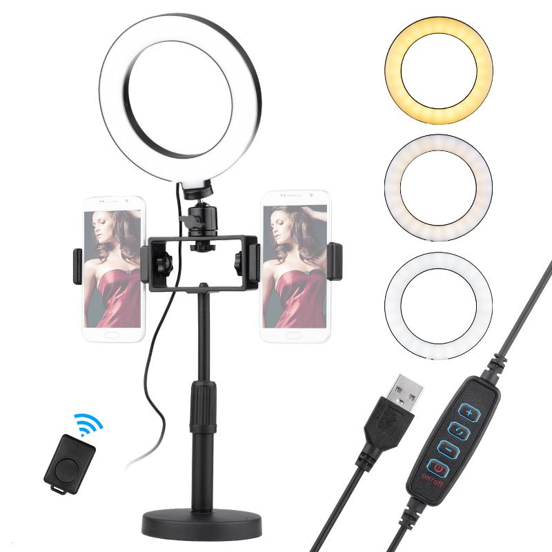 

6.5inch/16cm Video LED Ring Light 3 Colors 10-level Dimmable with Table Stand Ball Head Dual Phone Holders Remote Shutter