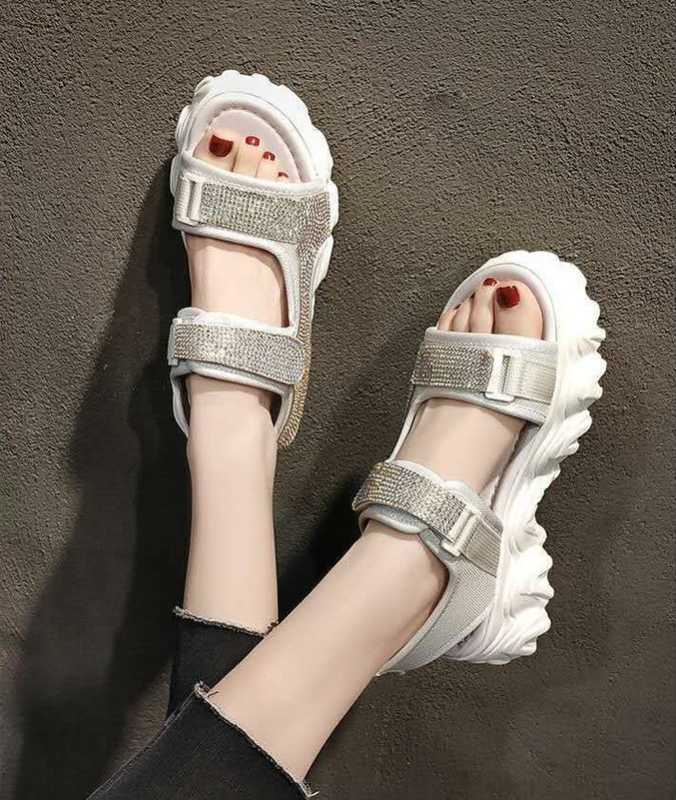 

New versatile flat daddy shoes female summer fairy style sequins Roman sports sandals muffin thick bottom Z482, Black