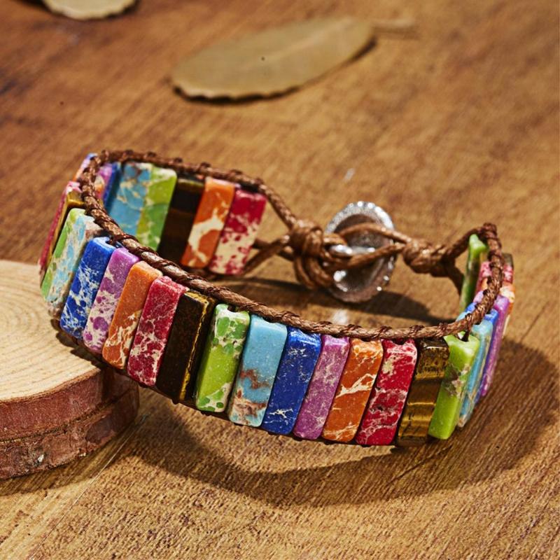 

TANGYIN New Couples Bracelets Bohemian Handmade Multi Color Natural Stone Leather Wrap Bracelets for Men and Women Jewelry Gift