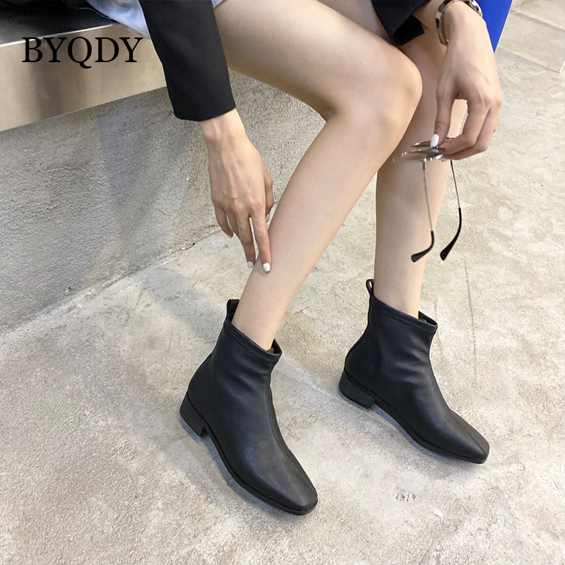 

BYQDY Block Heels PU Leather Vintage Boots Woman Square Toe Med Heels Sewing Winter Keep Warm Soft Leather Concise Ankle Boots, Black shoes