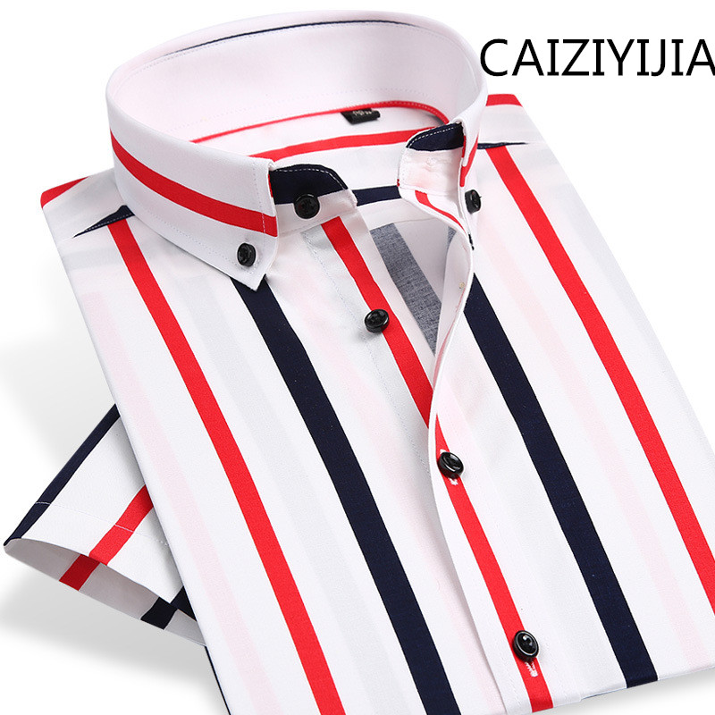 

CAIZIYIJIA 2020 Summer Double-colors Wide Striped Shirt For Men Casual Camisas Masculina Male Brand Silm fit Short Dress Shirts, Czcfb526942d