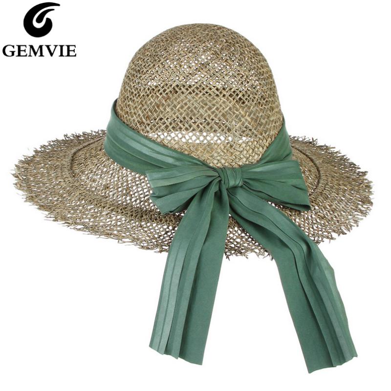 

GEMVIE Ribbon Bowknot Band Summer Hat For Women Hollow Seagrass Straw Hat Cloche Sun Wide Brim Beach Cap Bucket, Green ribbon