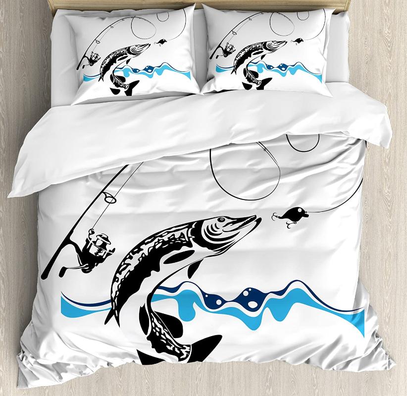 

Fishing Duvet Cover Set Big Pike Fish Catching Wobblers Reel Trap in River Raptorial Hunting Print Bedding Set, As pic
