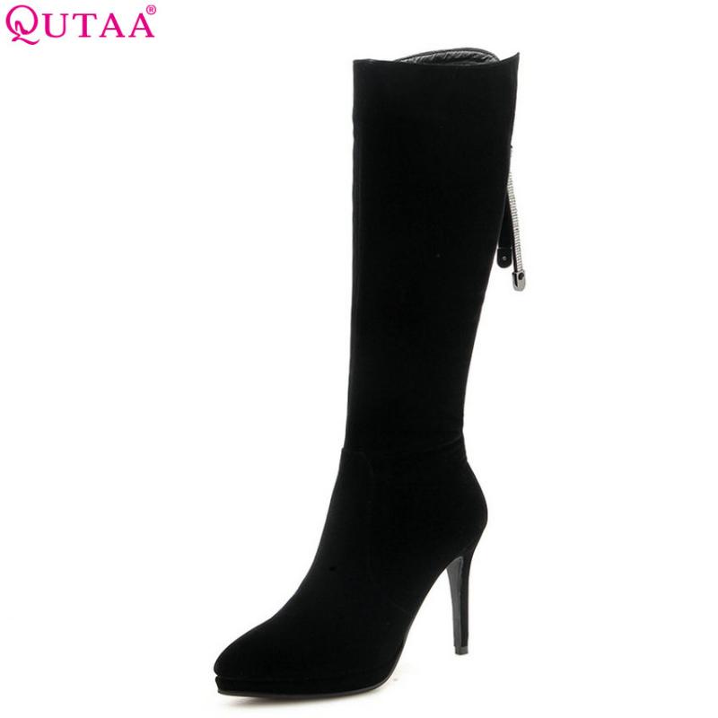 

QUTAA 2020 Women Knee High Boots Thin High Heel Winter Shoes Platform Sexy Zipper Women Motorcycle Boots Big Size 34-43, Black