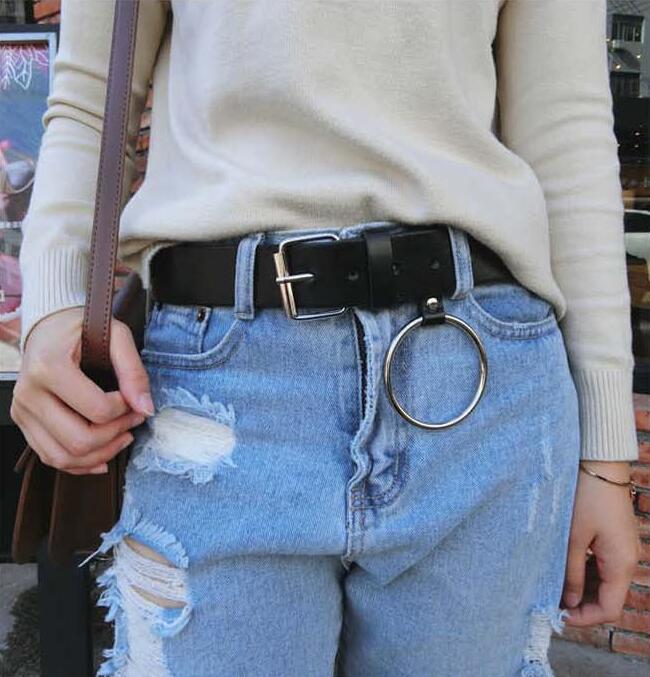 

HOT Gold Round buckle belts female leisure jeans wild belt without pin metal buckle brown leather black strap belt women