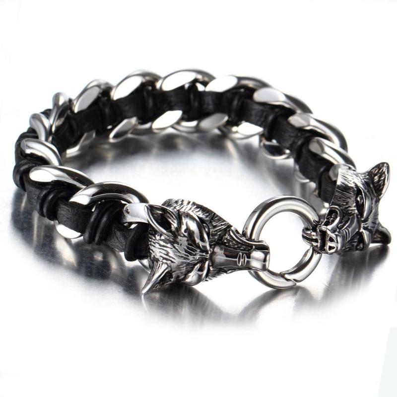 

Fashion Jewelry Two Wolf Heads Stainless Steel Leather Men's Bracelet Men Black Genuine Leather Weaved Animal Wolf Gift