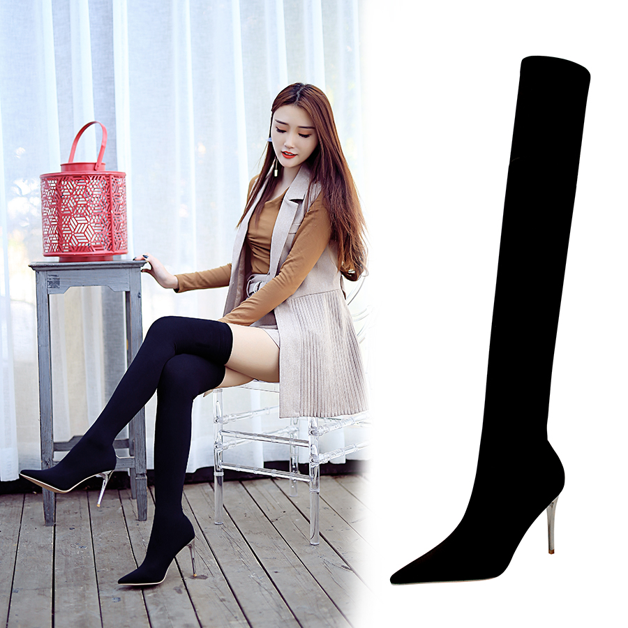 

2021 Winter Over The Knee Women Boots Stretch Fabrics High Heel Slip on Shoes Pointed Toe Woman Long Boots Size 34-40, Black