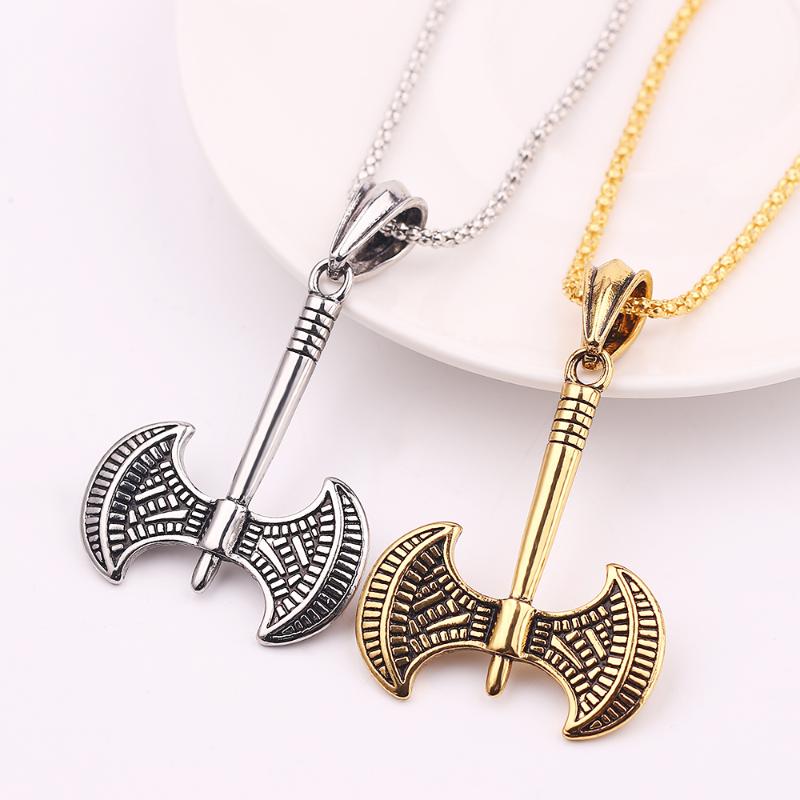 

Vintage Viking Double Ax/Axe Charms Pendants Necklace 60 cm Chain Fashion Men Necklaces Gold Silver Color Kolye