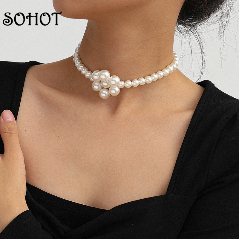

SOHOT Romantic Handmade Weave Imitation Pearl Round Bead Flower Shape Women Choker Necklace For Female Jewelry Bijoux
