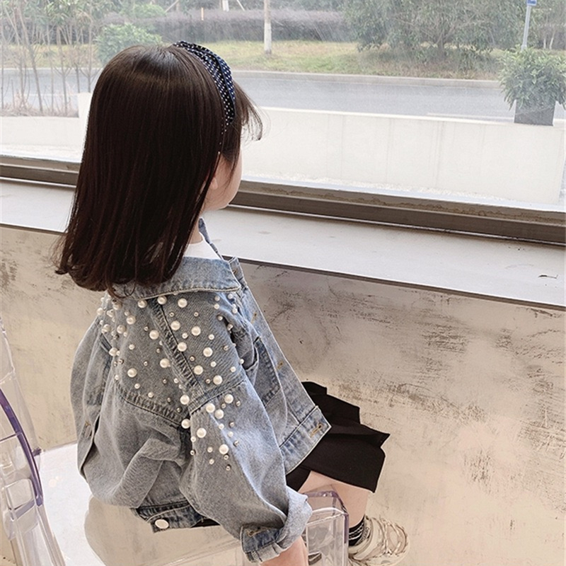 

Spring and Autumn Girls Fashion Long Sleeve Jacket Korean Fashion Trend Denim Jacket Beaded Female Korean Loose Top, Blue