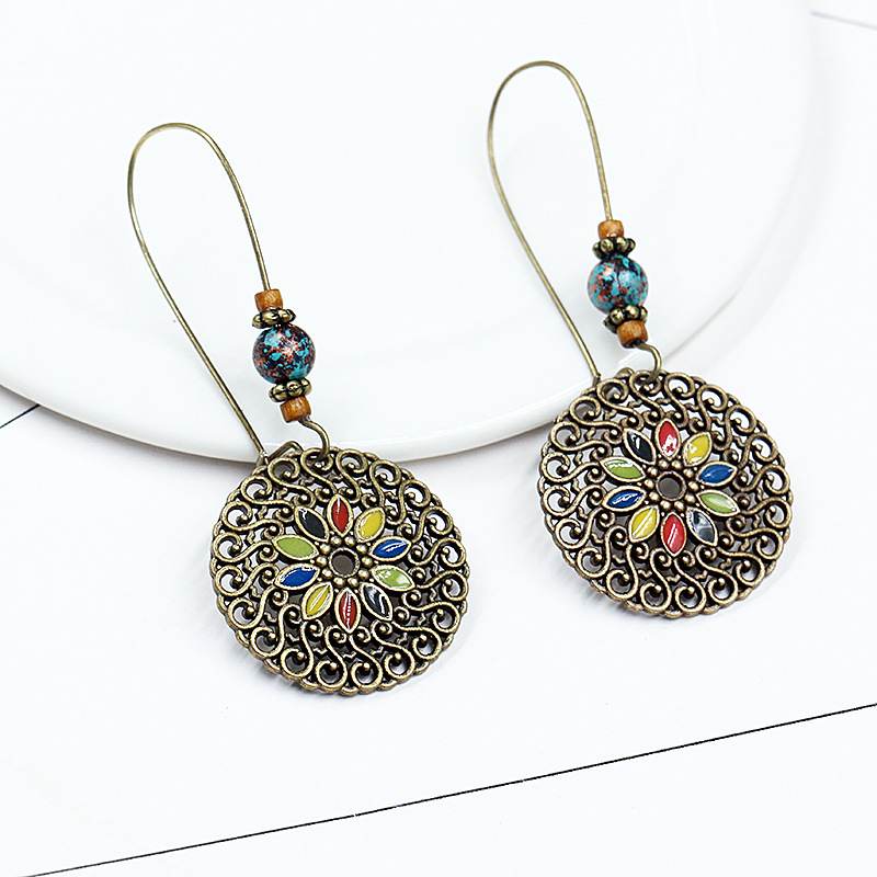 

Vintage Bronze Hollow Round Pendant Hoop Earrings For Women Ethnic Bohemia Beads Flower Drop Ear Cuff & Huggie