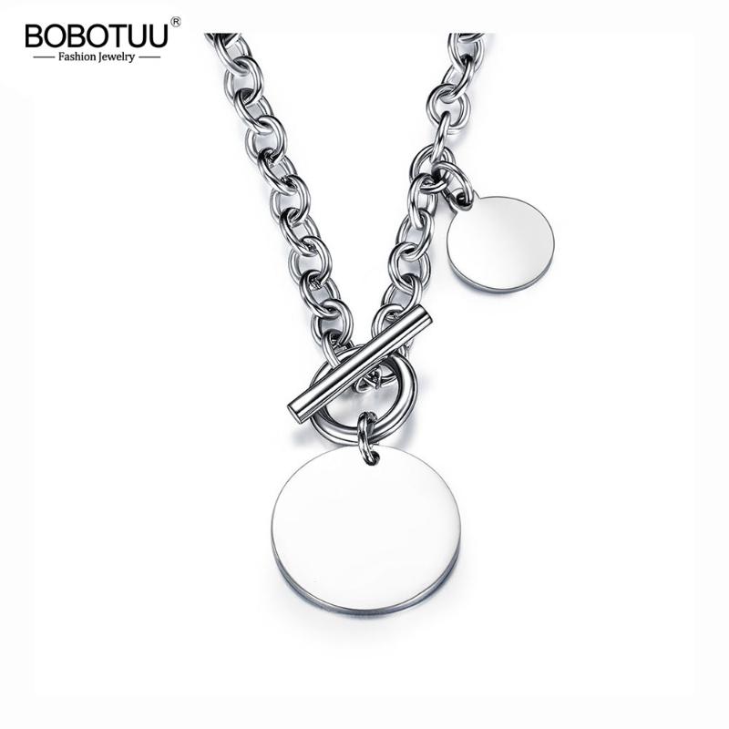 

BOBOTUU Hiphop/Rock Titanium Stainless Steel Glossy Round Tag Charm Pendant Necklaces Jewelry Punk Chain Link OT Buckle BN17085