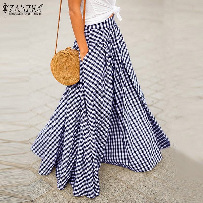 

ZANZEA 2020 Autumn Women Zipper Pleated Skirts Ladies Plaid Check Pockets Long Maxi Faldas Femme Bohemian Long Skirt Jupe 5XL, Black