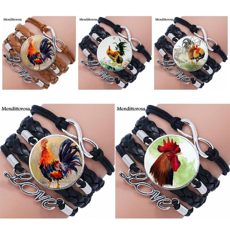 

EJ Glaze New Arrival Glass Cabochon Multilayer Black/Brown Leather Bracelet Bangle Statement Jewelry For Women Girls Rooster
