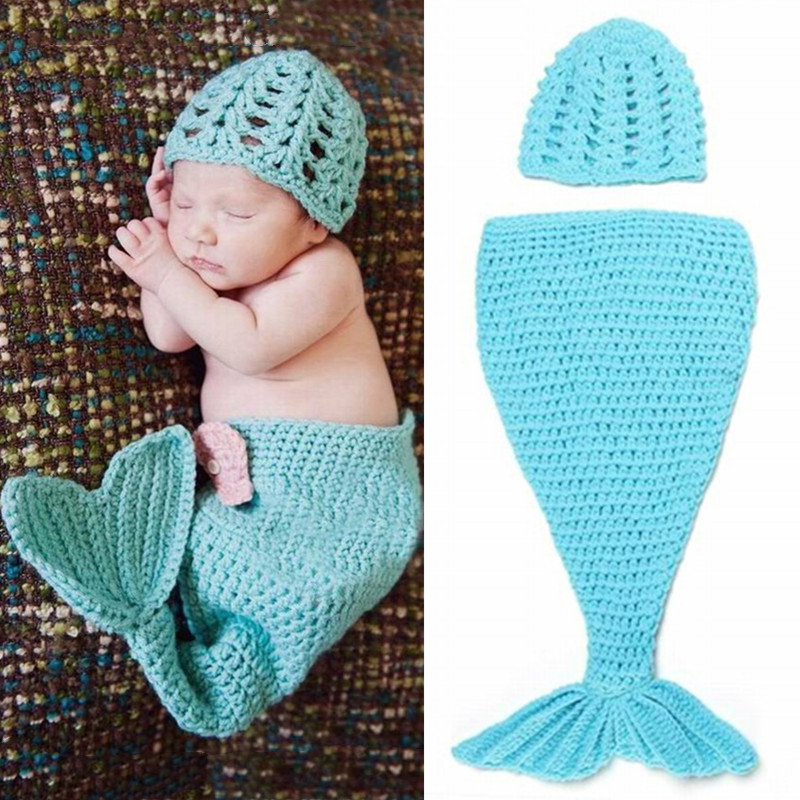 

2Pcs/Set Newborn Photography Props Baby Hat Girls Crochet Knitted Cap Hand-Woven Blue Fish Skirt Set Photo Costume Props Clothes