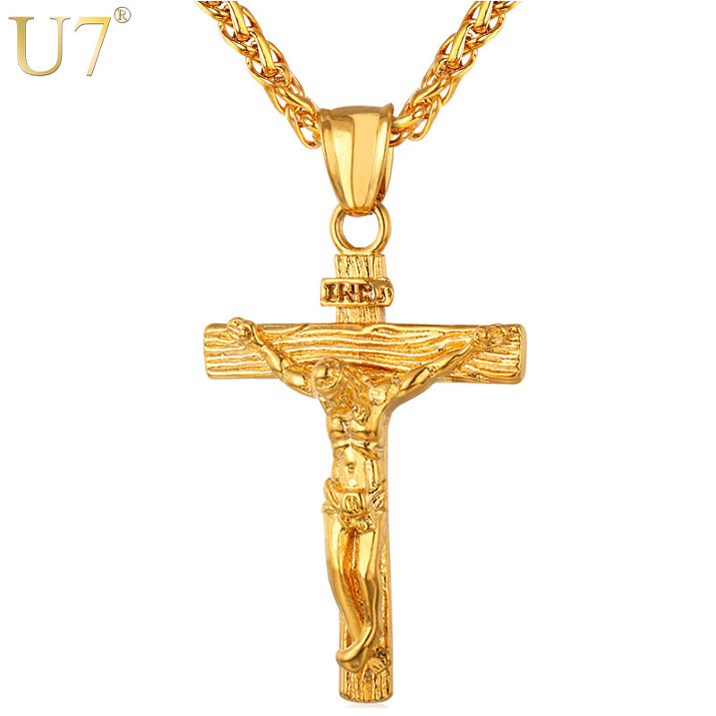 

U7 Cross Necklace INRI Crucifix Jesus Piece Pendant Gold Color Stainless Steel Men Chain Catholic Jewelry Christmas Gifts P624