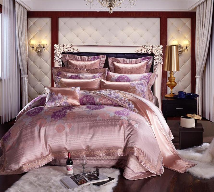 

Pink color Luxury Cotton Satin Jacquard Bedding Set Queen King size Wedding Bedding Set Bed Sheet/Spread Duvet Cover Pillow