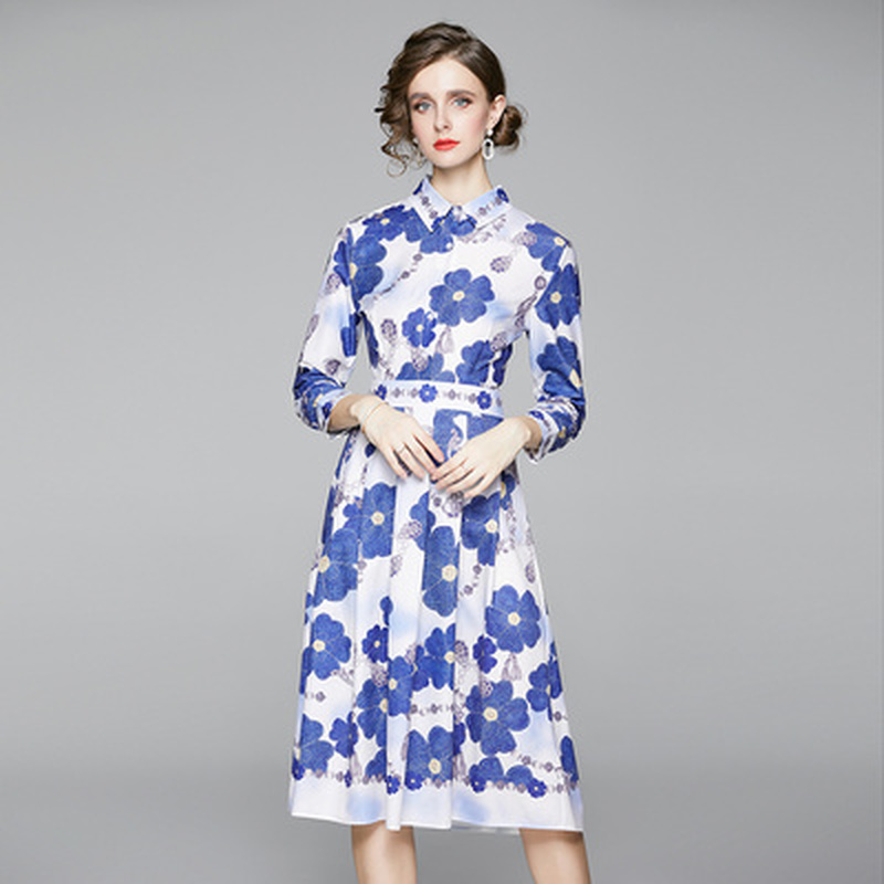 

2020 Autumn Women Design Dress Blue Long Sleeve Turn-down Collar Elegant Plus Size vintage Print Knee Dress Ladies Party Dresses
