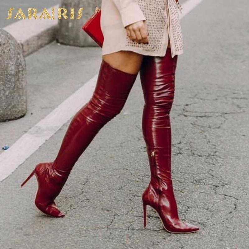 

Sarairis 2020 New Fashion Pointed Toe Over The Knee Boots Woman Shoes Sexy Thin High Heels INS Hot Fashion Shoes Ladies Boots, Wine red